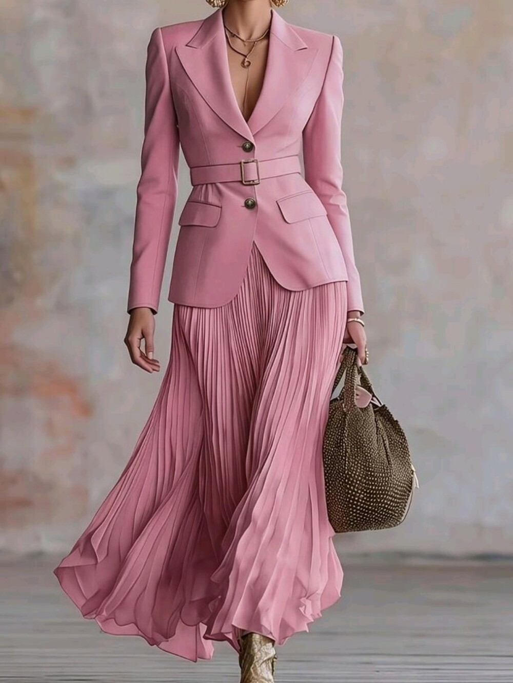 Autumn/Winter Standard Size Women's Pink Draped Blazer Set With